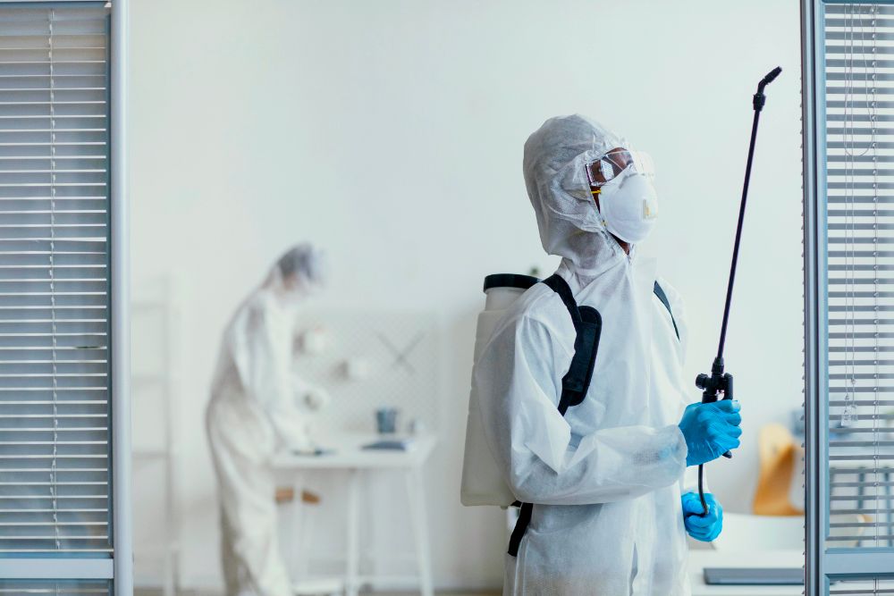 Professional disinfection service with protective gear for thorough sanitation.