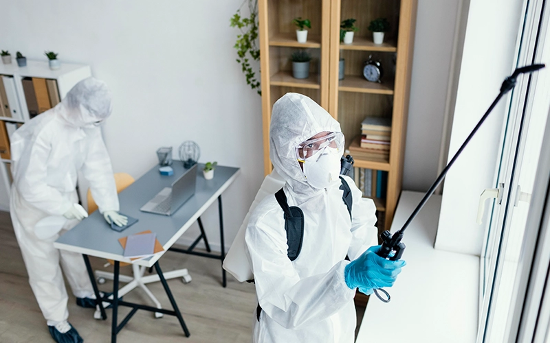 People disinfecting together a dangerous area