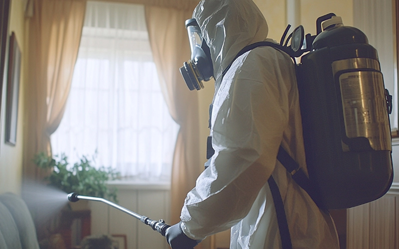 A professional pest control technician wearing protective gear sprays insecticide indoors to eliminate pests, ensuring a safe and pest-free environment.