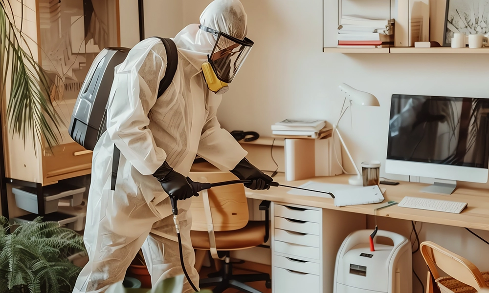 Person in protective suit with respirator spraying disinfectant in an office.