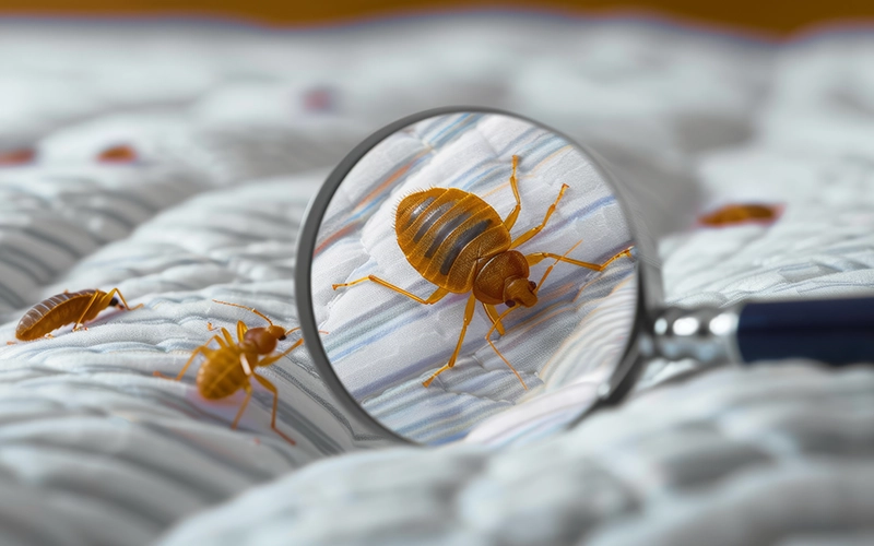 A magnifying glass enlarges a bedbug on a patterned textile with others nearby.