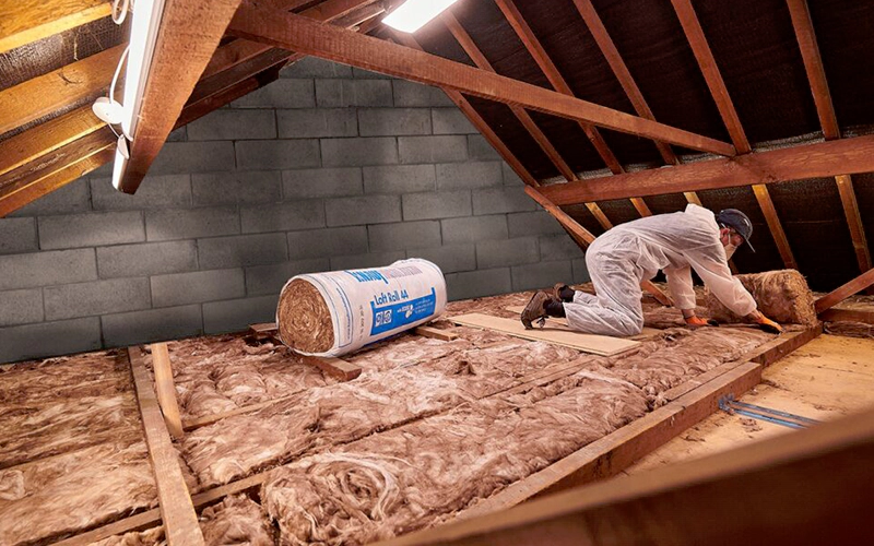 A worker in protective gear installing for pest prevention insulation in the attic of a home to improve energy efficiency and temperature control.