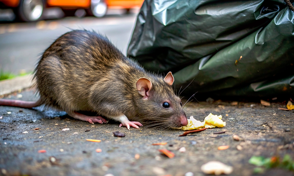 A rat scavenging for food near a garbage bag on the street, highlighting the risk of rodent infestations in urban areas.