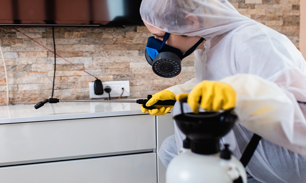 Pest control technician in protective gear spraying indoors for pest extermination in a modern home.