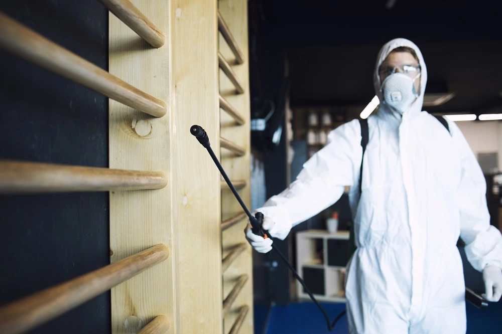 A pest control professional in protective gear spraying treatment inside a facility, focusing on wooden surfaces to control termites or other pests.