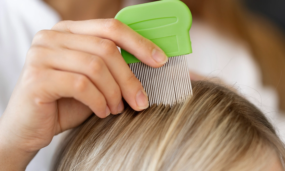 A close-up image of a person using a green, fine-toothed lice comb to inspect blonde hair, emphasizing the process of checking for lice or other small pests.