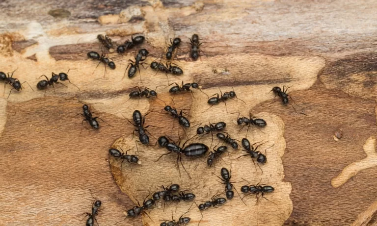 A close-up of carpenter ants crawling over a piece of firewood, illustrating common infestations. This image highlights the importance of understanding how to keep bugs out of your firewood to prevent pests from spreading to your home.