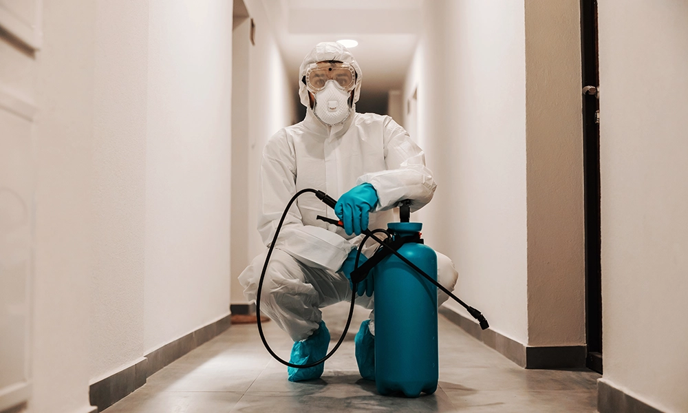 A pest control technician, fully equipped with a white protective suit, mask, and goggles, crouching in a hallway with a blue pest control sprayer, ready for disinfection or pest treatment in an indoor environment.