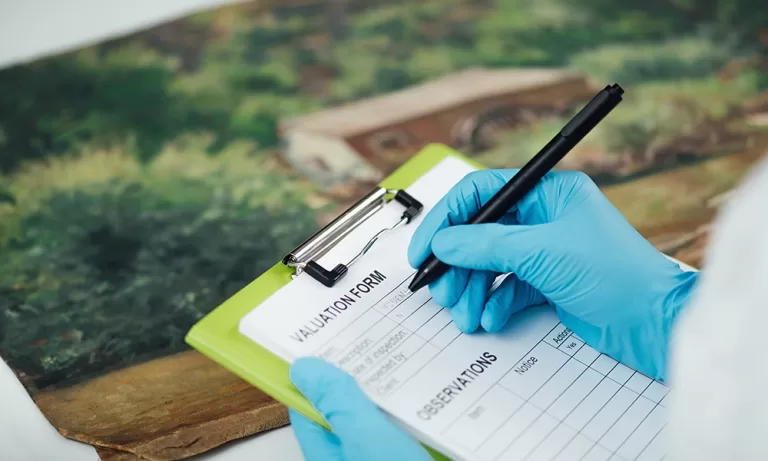 A close-up view of gloved hands holding a clipboard with a valuation form while examining an artwork in the background, representing a detailed pest control inspection checklist for property managers to ensure the protection of valuable assets.