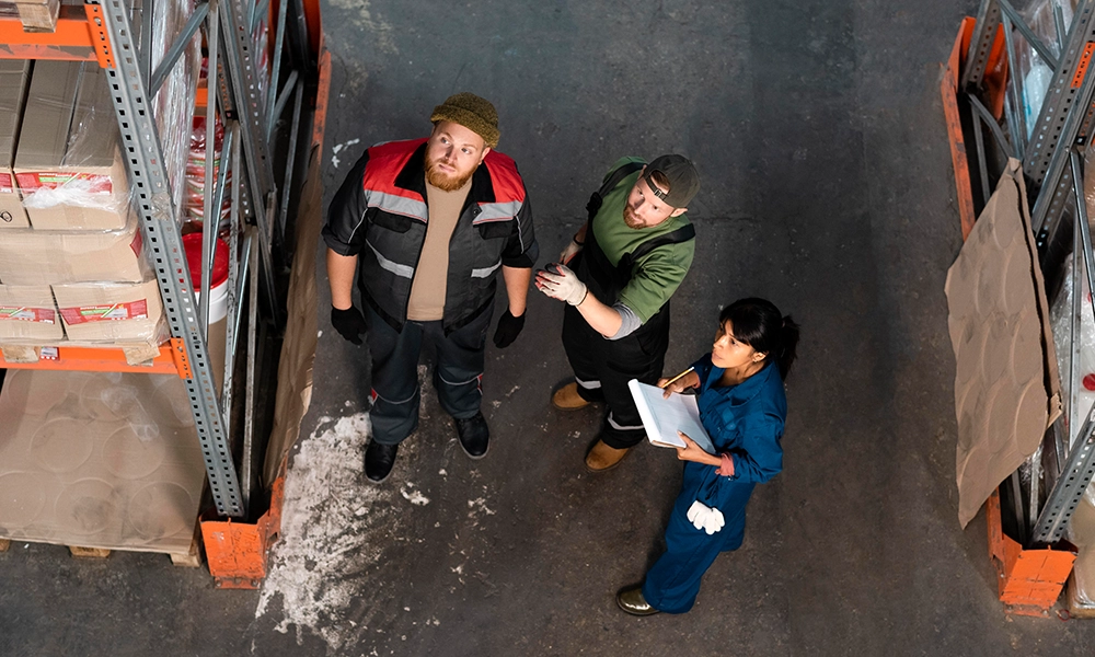 Warehouse workers inspecting storage racks while discussing pest control solutions, highlighting the challenges and prevention strategies for managing pests in large warehouses.